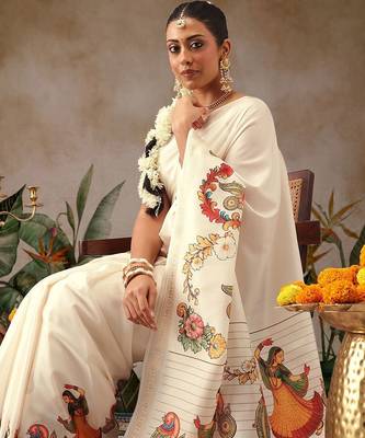 Off white printed art silk ethnic saree with blouse piece 4