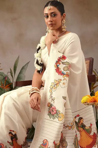 Off white printed art silk ethnic saree with blouse piece
