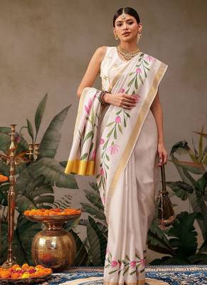 off white floral printed silk blend saree 3