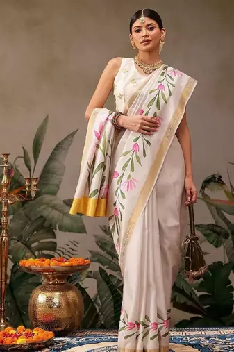 Off white printed silk blend ethnic saree with blouse piece