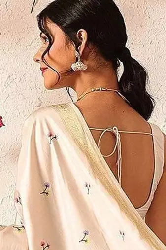 Beige printed silk blend ethnic saree with blouse piece
