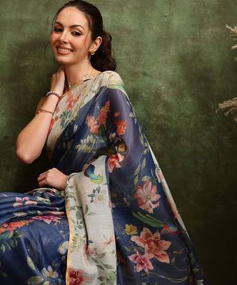 Blue printed cotton blend ethnic saree with blouse piece 4