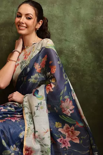 Blue printed cotton blend ethnic saree with blouse piece