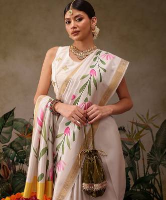 off white floral printed silk blend saree 4