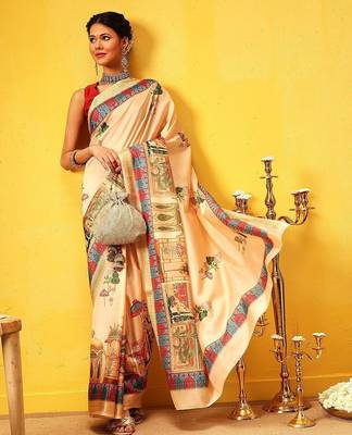 Beige printed silk blend ethnic saree with blouse piece 4