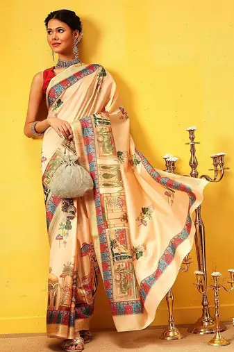Beige printed silk blend ethnic saree with blouse piece