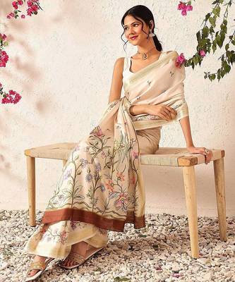 Beige printed silk blend ethnic saree with blouse piece 4