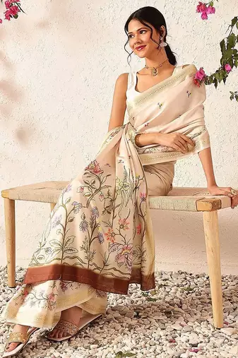 Beige printed silk blend ethnic saree with blouse piece