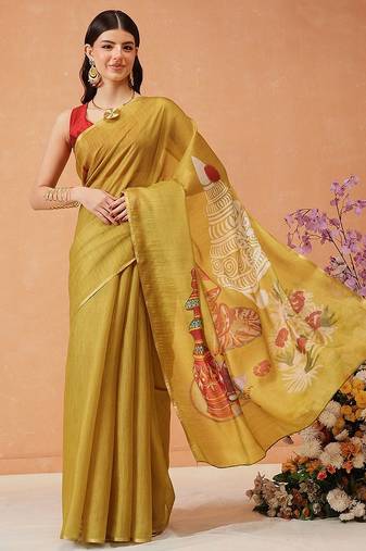 Mustard printed silk cotton ethnic saree with blouse piece