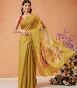 Mustard printed silk cotton ethnic saree with blouse piece