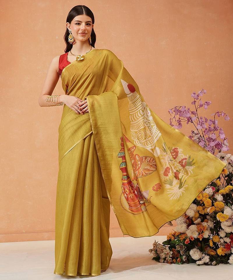 Mustard printed silk cotton ethnic saree with blouse piece