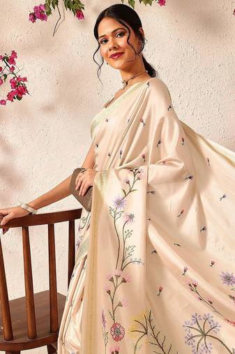 Beige embroidered silk blend festive saree with blouse piece