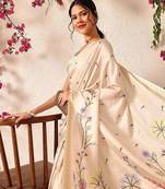 Beige embroidered silk blend festive saree with blouse piece
