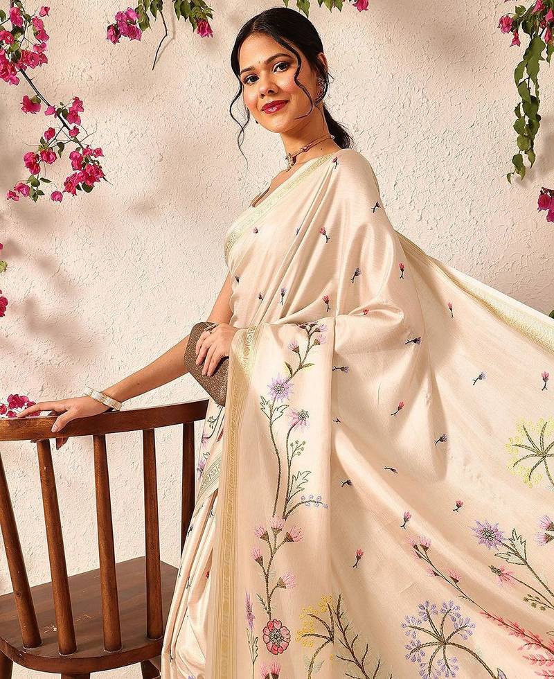 Beige embroidered silk blend festive saree with blouse piece