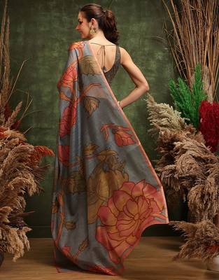Black printed silk cotton ethnic saree with blouse piece 3
