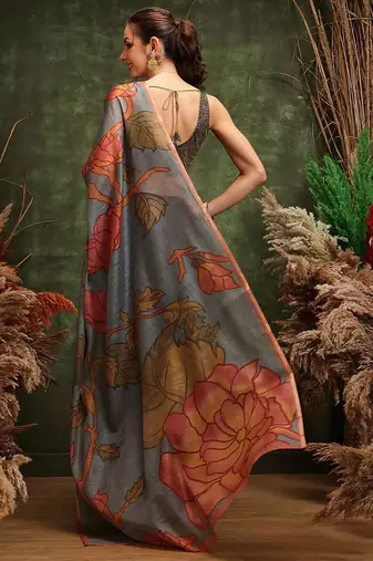 Black printed silk cotton ethnic saree with blouse piece