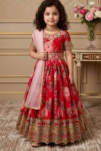 red heavy fox georgette gown set with digital print work with embroidered sequnce work - designer party wear