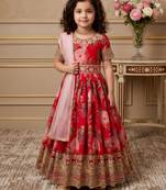 red heavy fox georgette gown set with digital print work with embroidered sequnce work - designer party wear