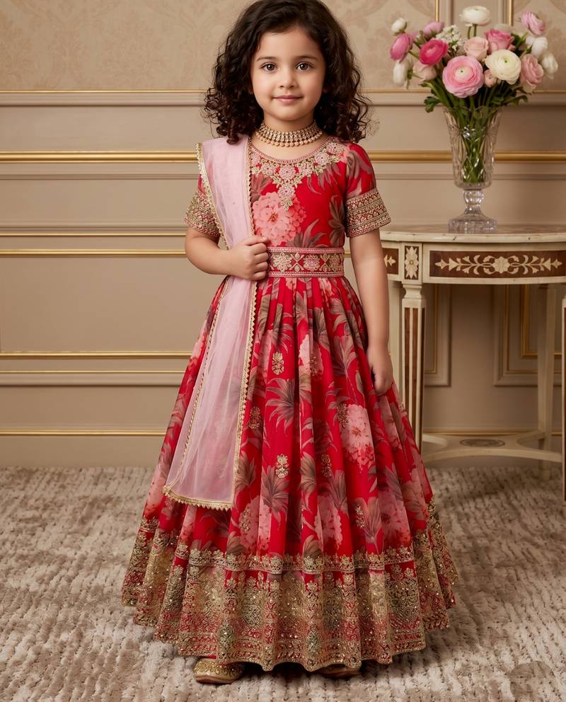 red heavy fox georgette gown set with digital print work with embroidered sequnce work - designer party wear