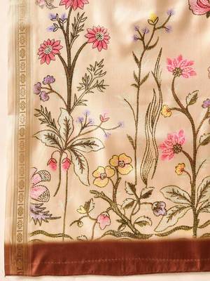Beige printed silk blend ethnic saree with blouse piece 5