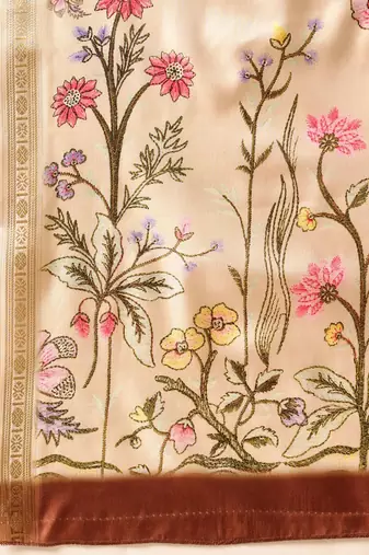 Beige printed silk blend ethnic saree with blouse piece