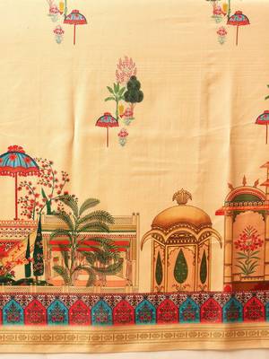 Beige printed silk blend ethnic saree with blouse piece 5