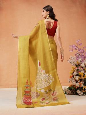 Mustard printed silk cotton ethnic saree with blouse piece 2