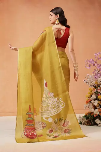 Mustard printed silk cotton ethnic saree with blouse piece