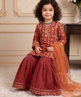orange heavy chinon with embroidery sequnece work with digital print work - designer party wear 3