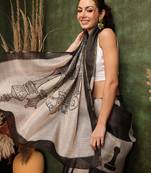 Black printed cotton blend ethnic saree with blouse piece