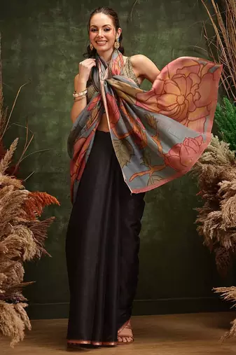 Black printed silk cotton ethnic saree with blouse piece