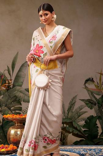 Off white printed silk blend ethnic saree with blouse piece