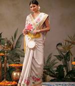 Off white printed silk blend ethnic saree with blouse piece