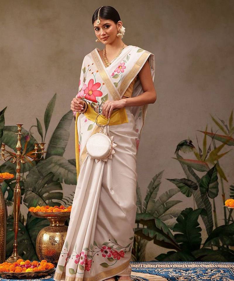 Off white printed silk blend ethnic saree with blouse piece