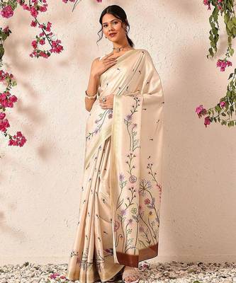 Beige embroidered silk blend festive saree with blouse piece 2