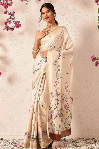 Beige embroidered silk blend festive saree with blouse piece