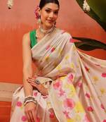 Cream printed silk blend ethnic saree with blouse piece