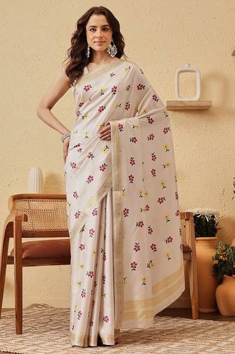Cream printed silk blend ethnic saree with blouse piece