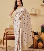 Cream printed silk blend ethnic saree with blouse piece