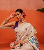 Cream printed silk blend ethnic saree with blouse piece