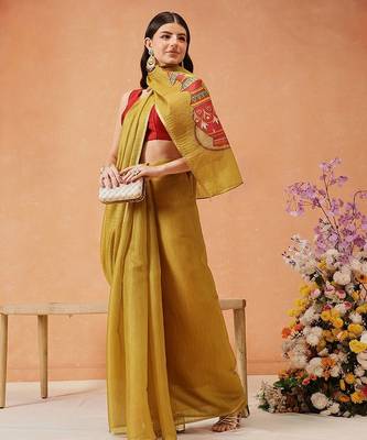Mustard printed silk cotton ethnic saree with blouse piece 3