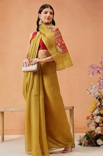 Mustard printed silk cotton ethnic saree with blouse piece