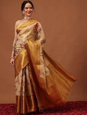 Cream printed art silk ethnic saree with blouse piece 1
