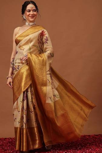 Cream printed art silk ethnic saree with blouse piece