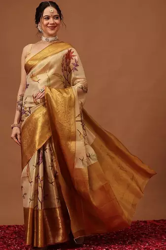 Cream printed art silk ethnic saree with blouse piece