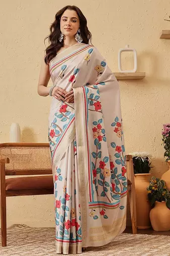 Cream printed silk blend ethnic saree with blouse piece