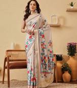 Cream printed silk blend ethnic saree with blouse piece
