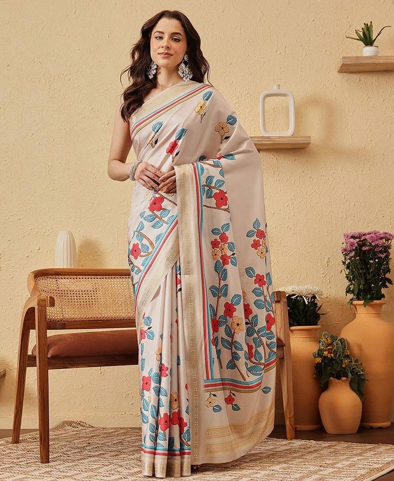 Cream printed silk blend ethnic saree with blouse piece