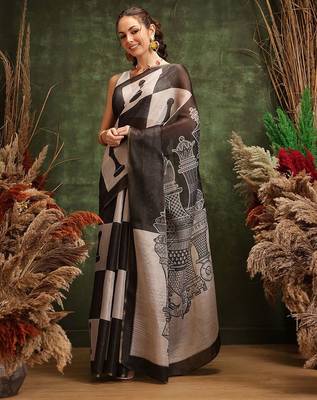 Black printed cotton blend ethnic saree with blouse piece 2