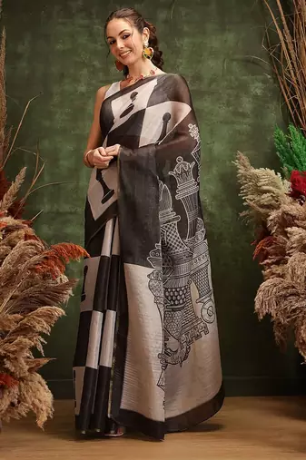 Black printed cotton blend ethnic saree with blouse piece